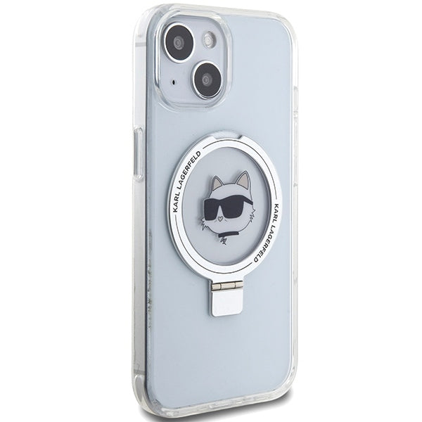 Pouzdro MagSafe pro Apple iPhone 15 Plus / 14 Plus, Karl Lagerfeld, Ring Stand Choupette's Head, Bílá