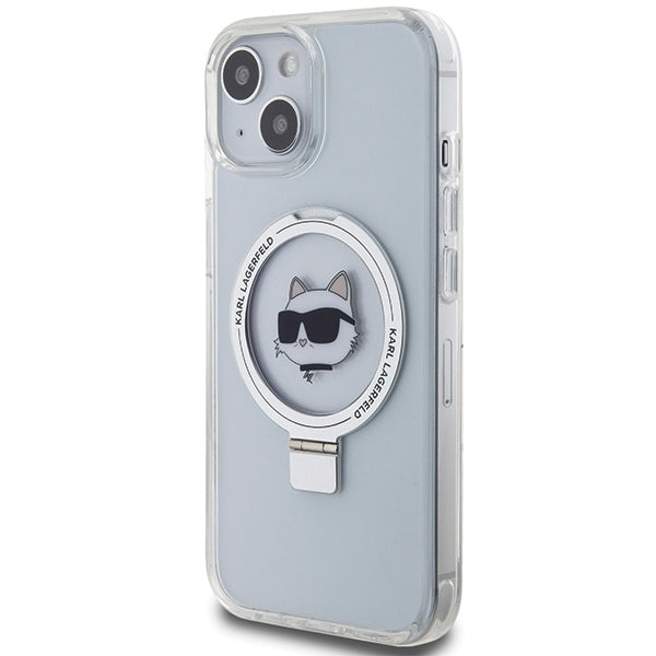 Pouzdro MagSafe pro Apple iPhone 15 Plus / 14 Plus, Karl Lagerfeld, Ring Stand Choupette's Head, Bílá