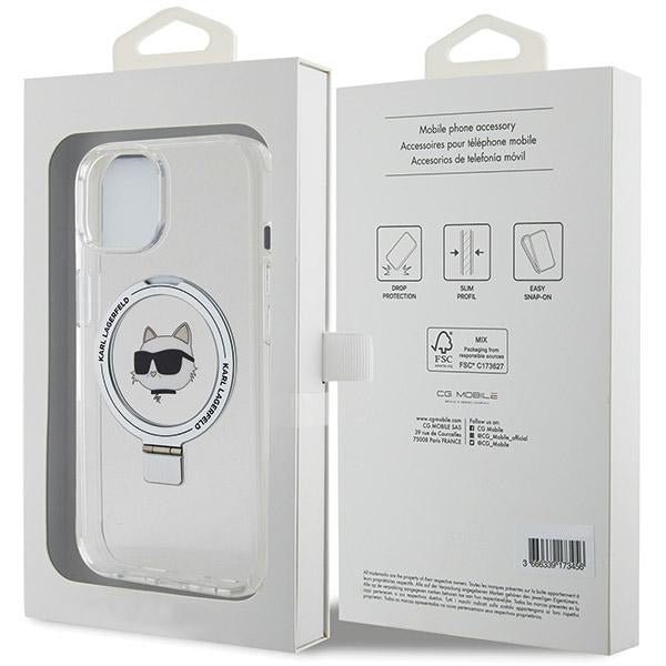 Pouzdro MagSafe pro Apple iPhone 15 Plus / 14 Plus, Karl Lagerfeld, Ring Stand Choupette's Head, Bílá