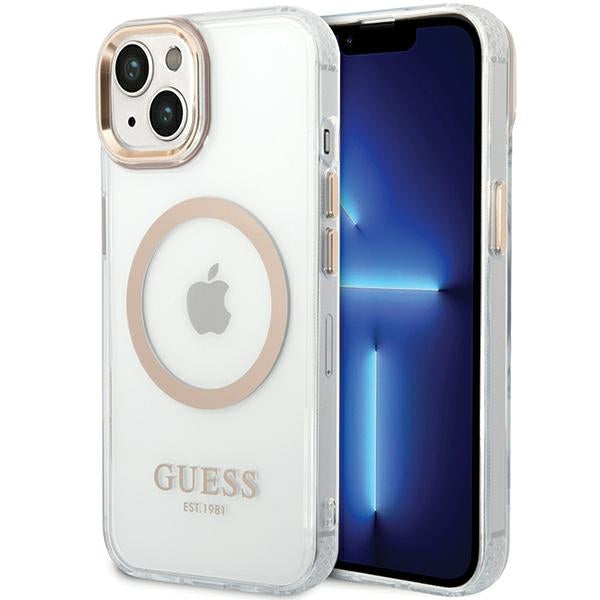 Pouzdro MagSafe pro Apple iPhone 15 Plus, Guess, Metal Outline, Zlaté