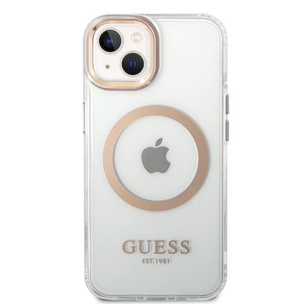 Pouzdro MagSafe pro Apple iPhone 15 Plus, Guess, Metal Outline, Zlaté