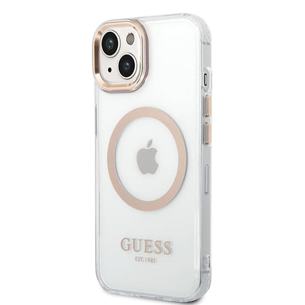Pouzdro MagSafe pro Apple iPhone 15 Plus, Guess, Metal Outline, Zlaté