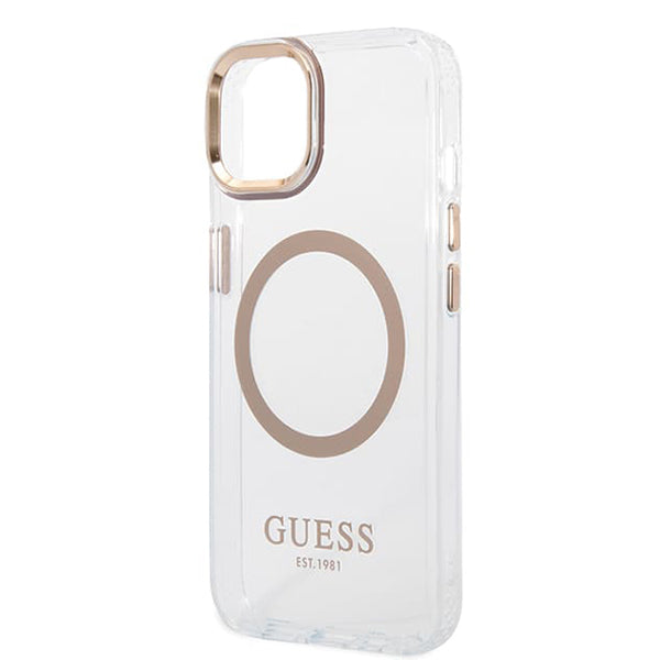 Pouzdro MagSafe pro Apple iPhone 15 Plus, Guess, Metal Outline, Zlaté