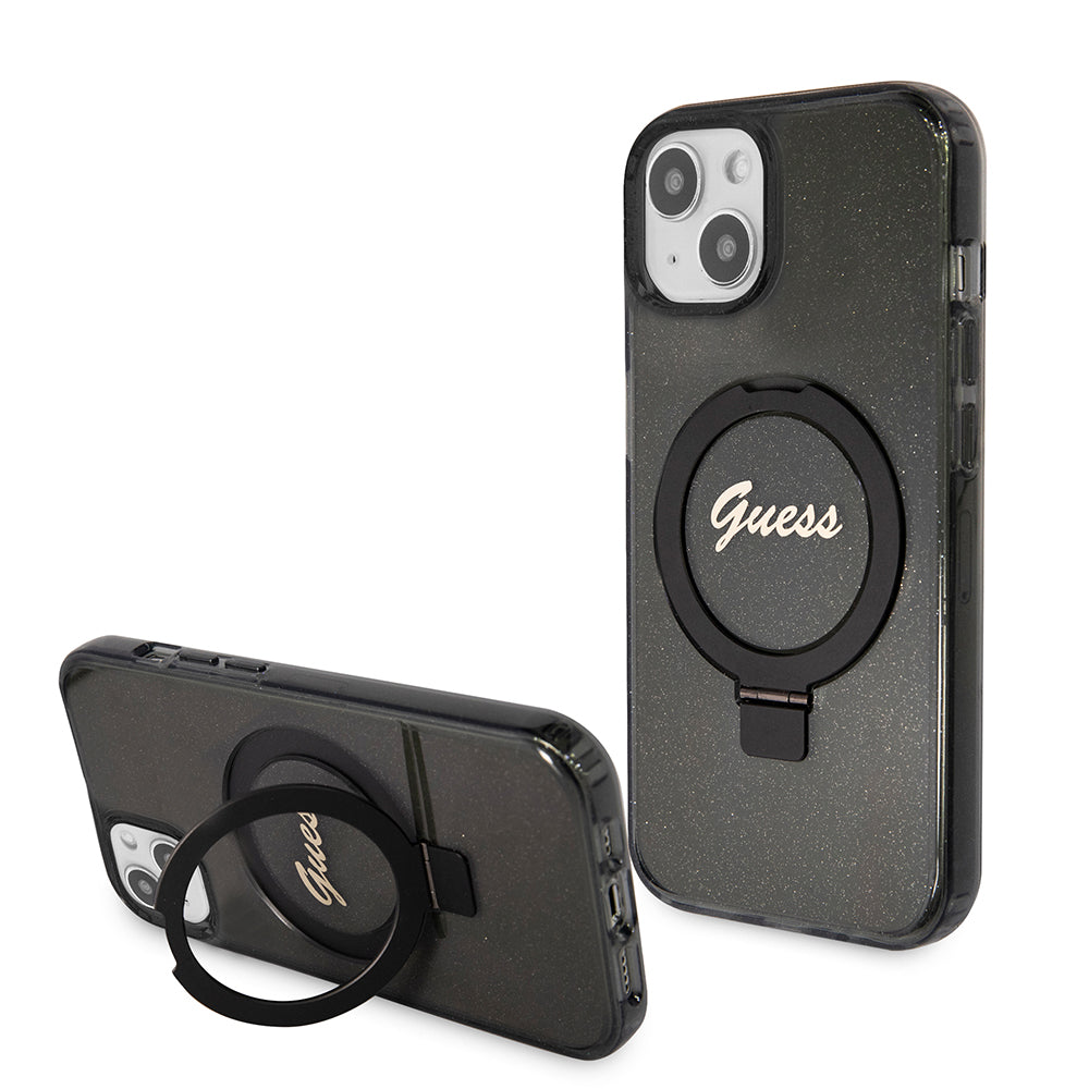 Pouzdro MagSafe pro Apple iPhone 15 Plus, Guess, Ring Stand Script Glitter, Černá