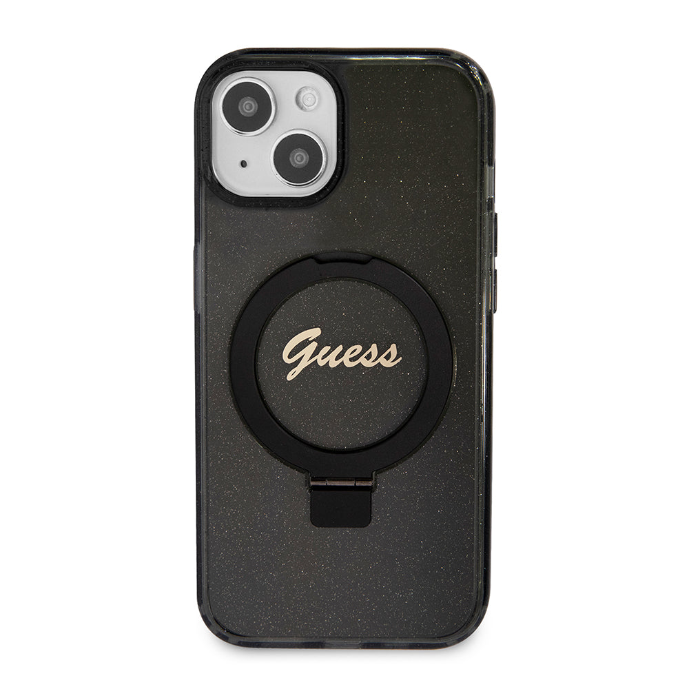 Pouzdro MagSafe pro Apple iPhone 15 Plus, Guess, Ring Stand Script Glitter, Černá