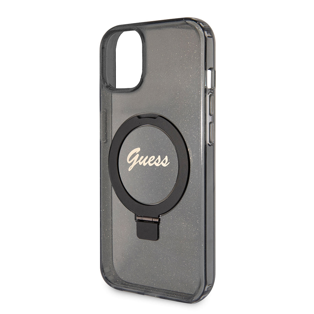 Pouzdro MagSafe pro Apple iPhone 15 Plus, Guess, Ring Stand Script Glitter, Černá
