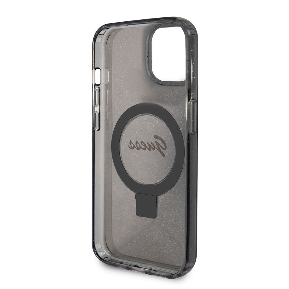 Pouzdro MagSafe pro Apple iPhone 15 Plus, Guess, Ring Stand Script Glitter, Černá