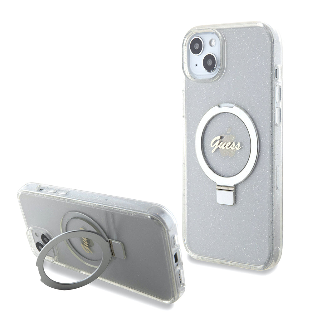 Pouzdro MagSafe pro Apple iPhone 15 Plus, Guess, Ring Stand Script Glitter, Průhledné