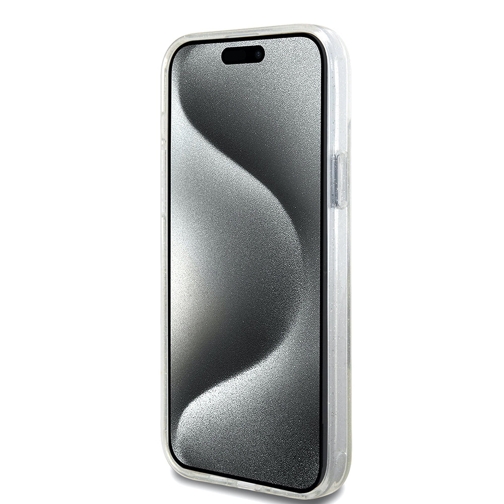 Pouzdro MagSafe pro Apple iPhone 15 Plus, Guess, Ring Stand Script Glitter, Průhledné
