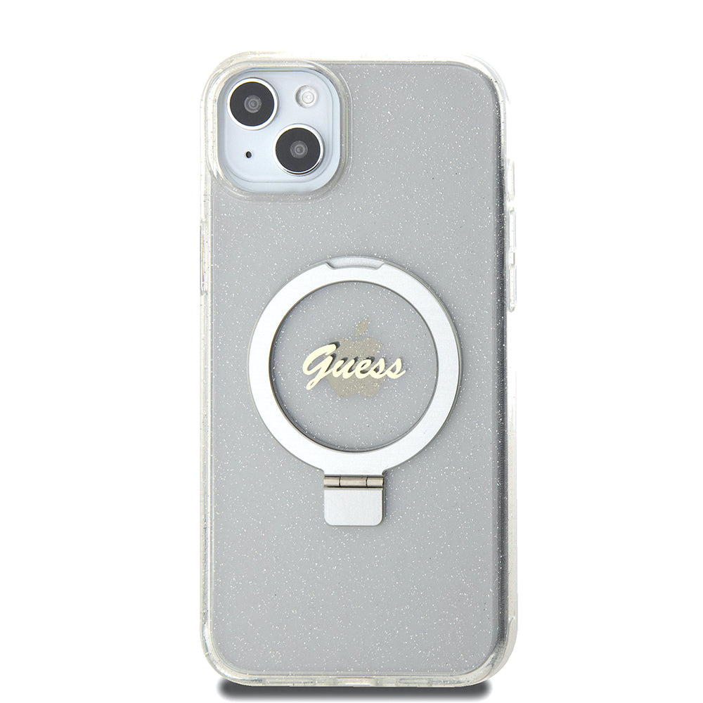 Pouzdro MagSafe pro Apple iPhone 15 Plus, Guess, Ring Stand Script Glitter, Průhledné