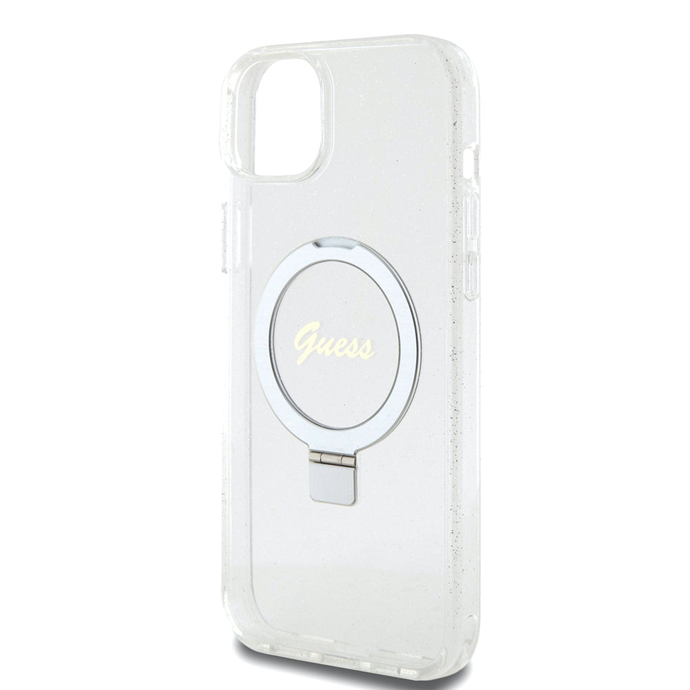 Pouzdro MagSafe pro Apple iPhone 15 Plus, Guess, Ring Stand Script Glitter, Průhledné