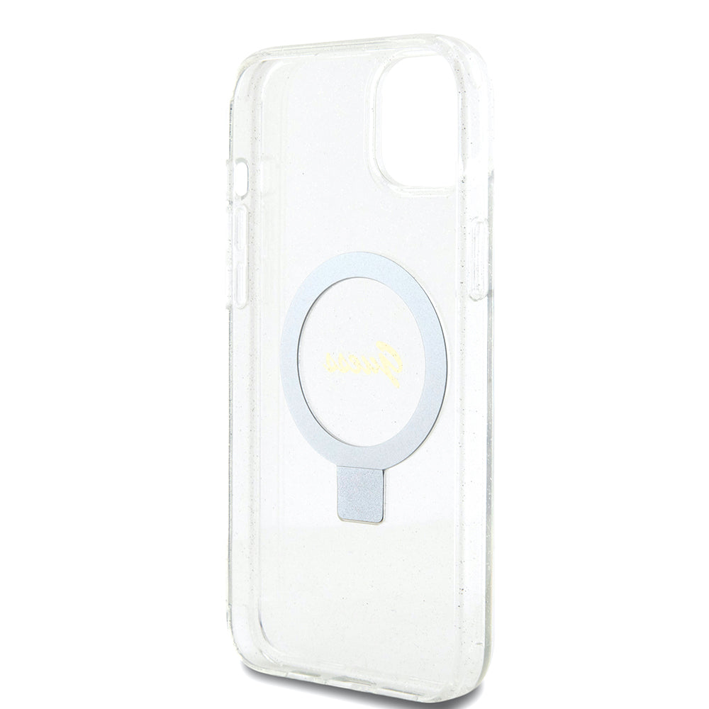 Pouzdro MagSafe pro Apple iPhone 15 Plus, Guess, Ring Stand Script Glitter, Průhledné