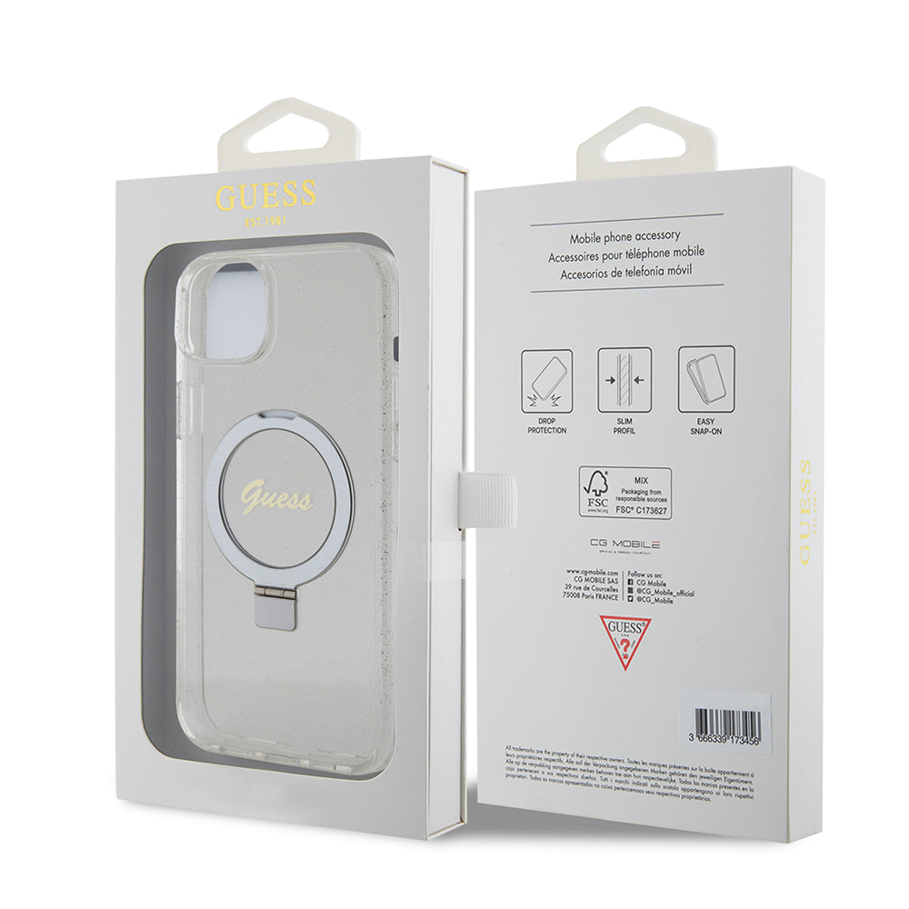 Pouzdro MagSafe pro Apple iPhone 15 Plus, Guess, Ring Stand Script Glitter, Průhledné