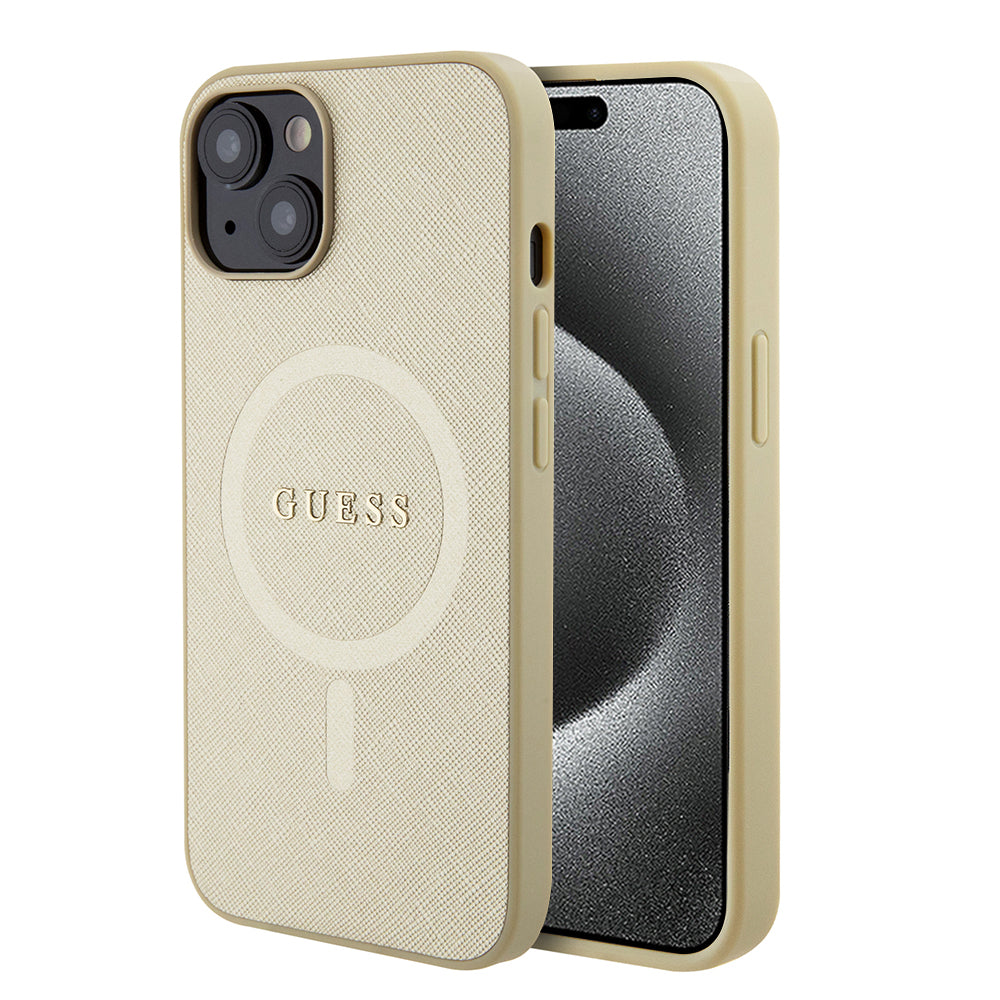 Pouzdro MagSafe pro Apple iPhone 15 Plus, Guess, Saffiano, Zlaté