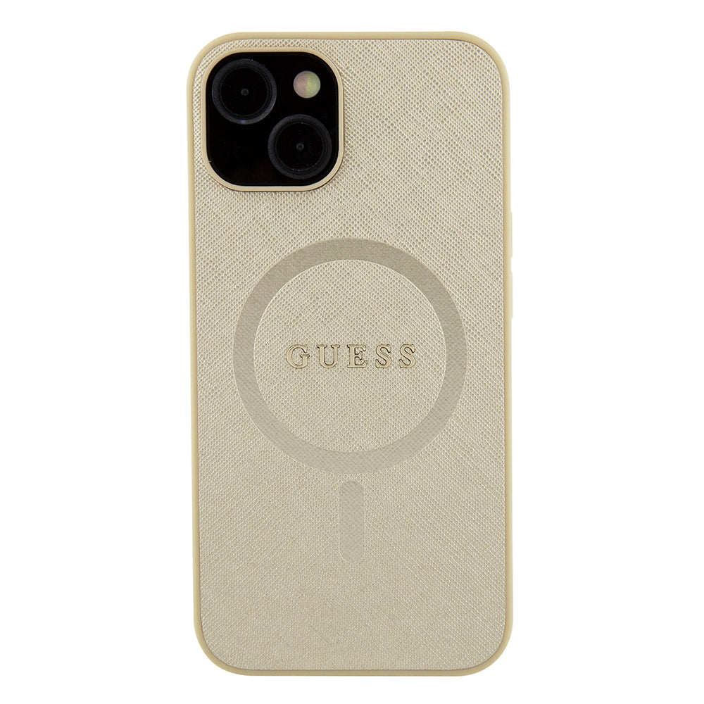 Pouzdro MagSafe pro Apple iPhone 15 Plus, Guess, Saffiano, Zlaté