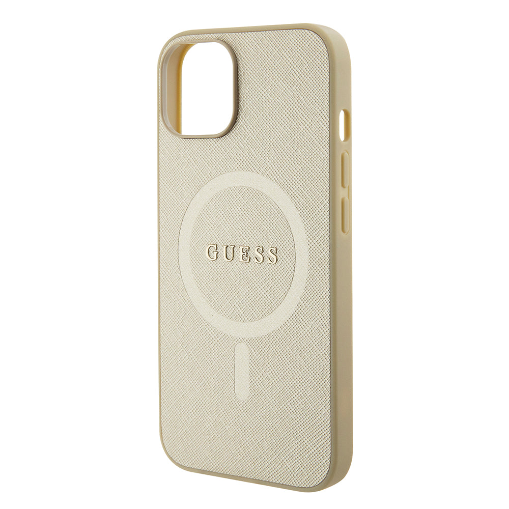 Pouzdro MagSafe pro Apple iPhone 15 Plus, Guess, Saffiano, Zlaté