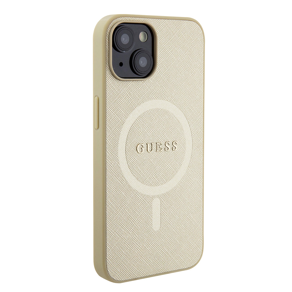 Pouzdro MagSafe pro Apple iPhone 15 Plus, Guess, Saffiano, Zlaté