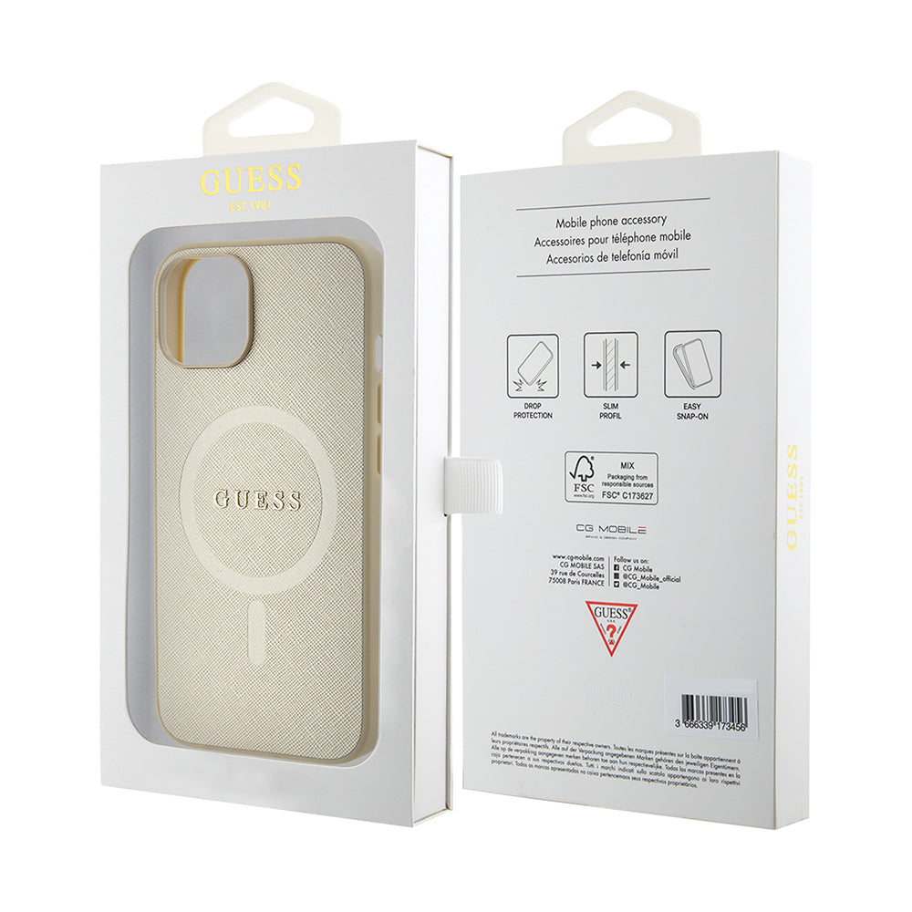 Pouzdro MagSafe pro Apple iPhone 15 Plus, Guess, Saffiano, Zlaté