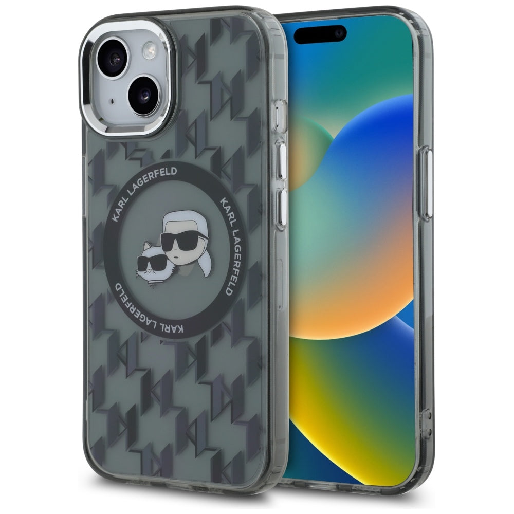 Pouzdro MagSafe pro Apple iPhone 15 Plus, Karl Lagerfeld, IML Monogram Karl & Choupette's Heads, Černá
