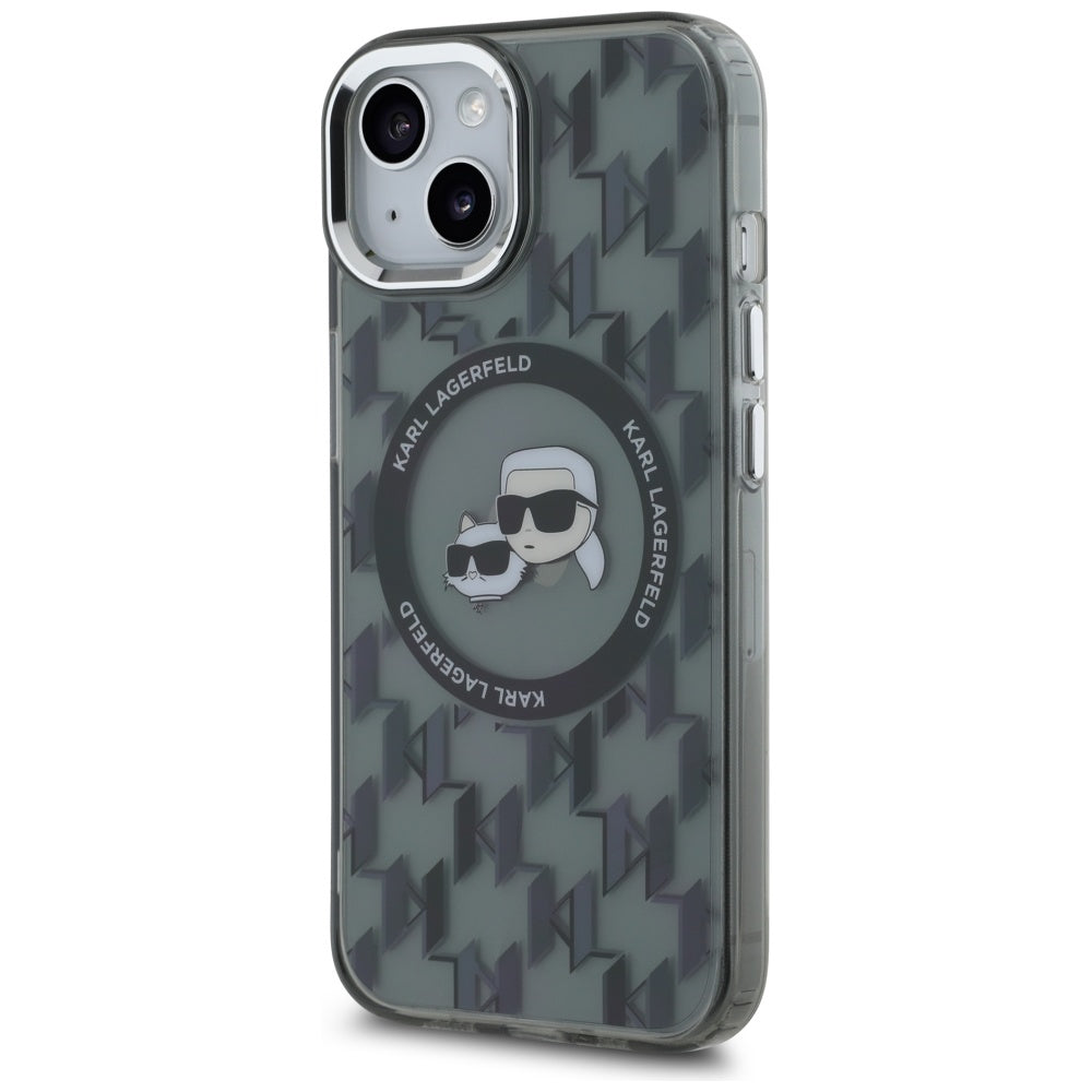 Pouzdro MagSafe pro Apple iPhone 15 Plus, Karl Lagerfeld, IML Monogram Karl & Choupette's Heads, Černá