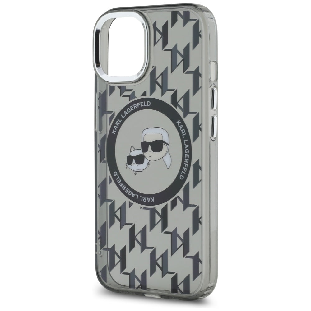 Pouzdro MagSafe pro Apple iPhone 15 Plus, Karl Lagerfeld, IML Monogram Karl & Choupette's Heads, Černá