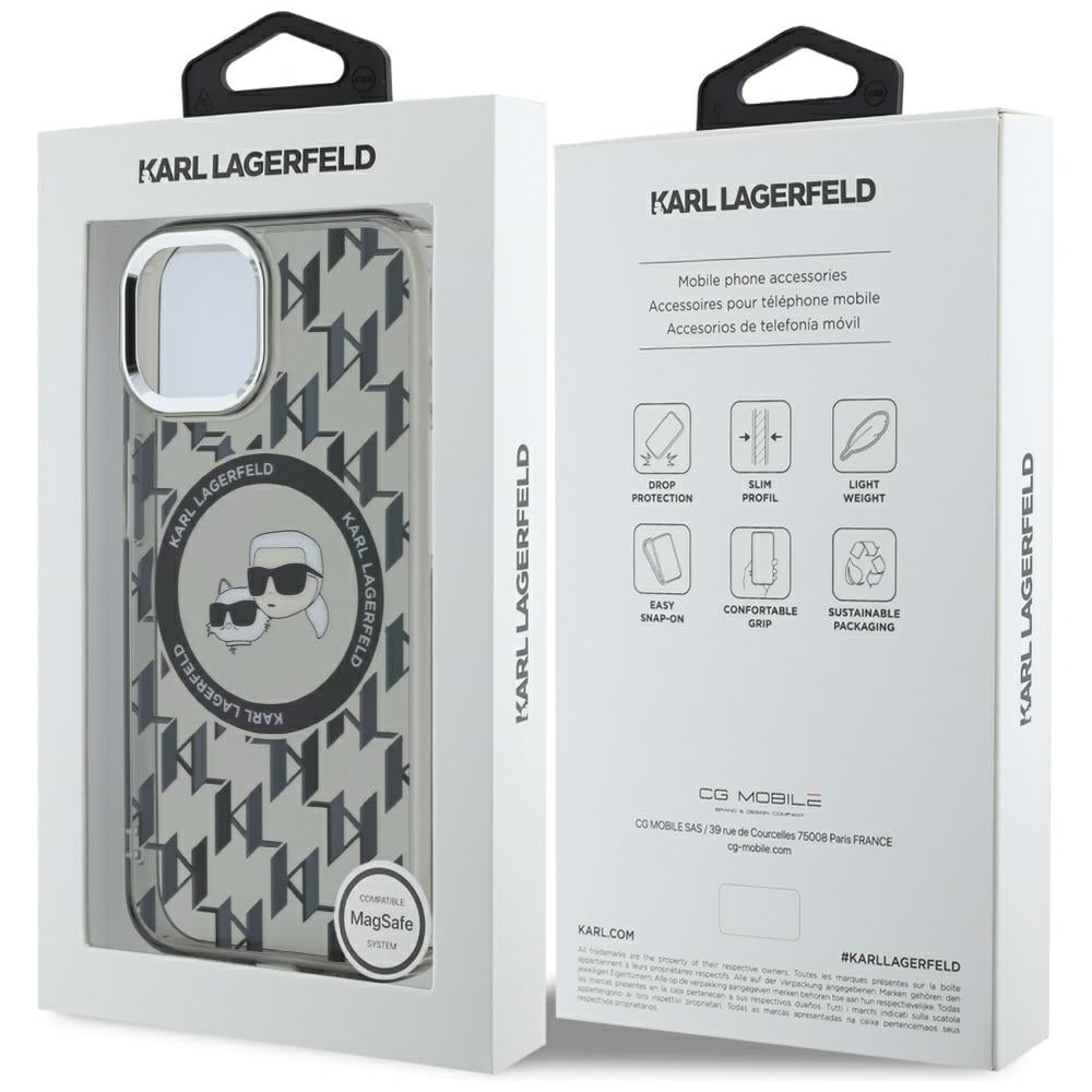 Pouzdro MagSafe pro Apple iPhone 15 Plus, Karl Lagerfeld, IML Monogram Karl & Choupette's Heads, Černá