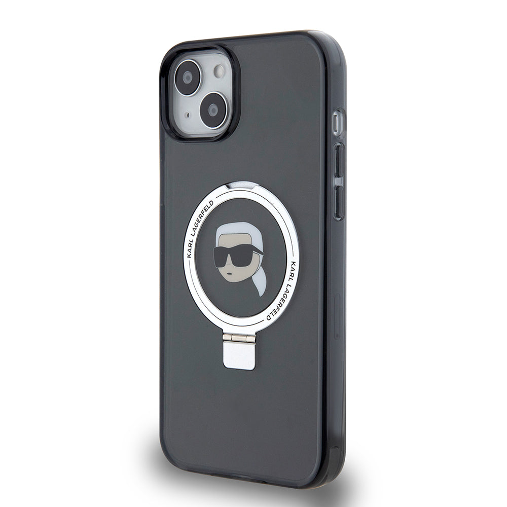 Pouzdro MagSafe pro Apple iPhone 15 Plus, Karl Lagerfeld, Ring Stand Karl's Head, Černá