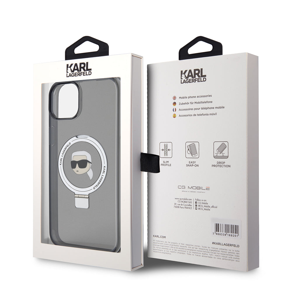 Pouzdro MagSafe pro Apple iPhone 15 Plus, Karl Lagerfeld, Ring Stand Karl's Head, Černá