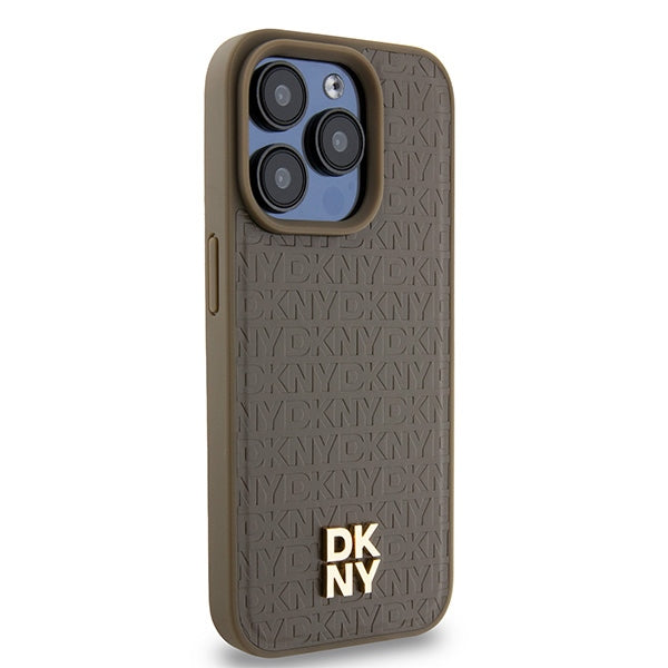 Pouzdro MagSafe pro Apple iPhone 15 Pro, DKNY, Monogram Pattern Metal Logo, Hnědá