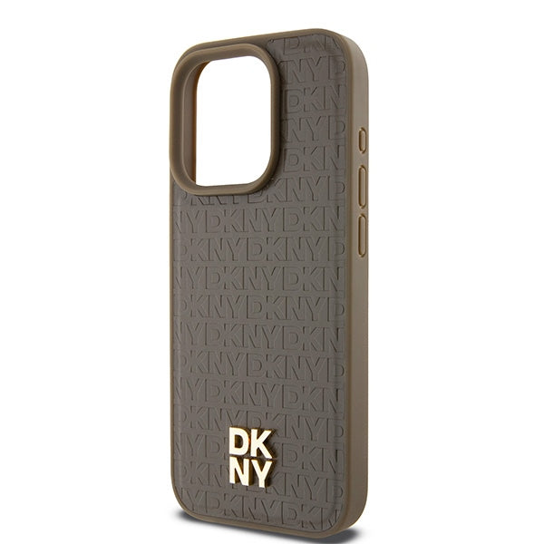 Pouzdro MagSafe pro Apple iPhone 15 Pro, DKNY, Monogram Pattern Metal Logo, Hnědá