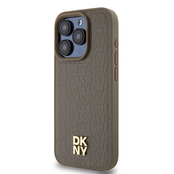 Pouzdro MagSafe pro Apple iPhone 15 Pro, DKNY, Monogram Pattern Metal Logo, Hnědá