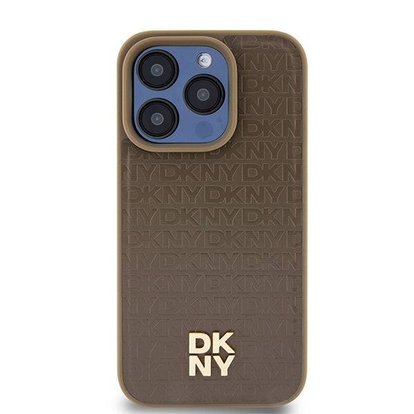 Pouzdro MagSafe pro Apple iPhone 15 Pro, DKNY, Monogram Pattern Metal Logo, Hnědá