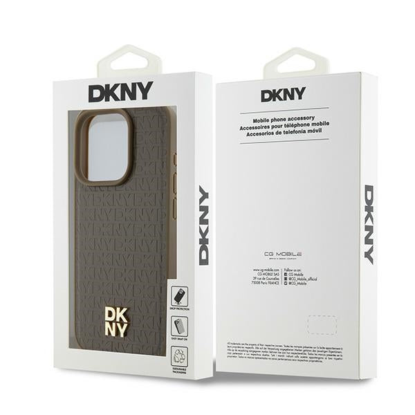 Pouzdro MagSafe pro Apple iPhone 15 Pro, DKNY, Monogram Pattern Metal Logo, Hnědá