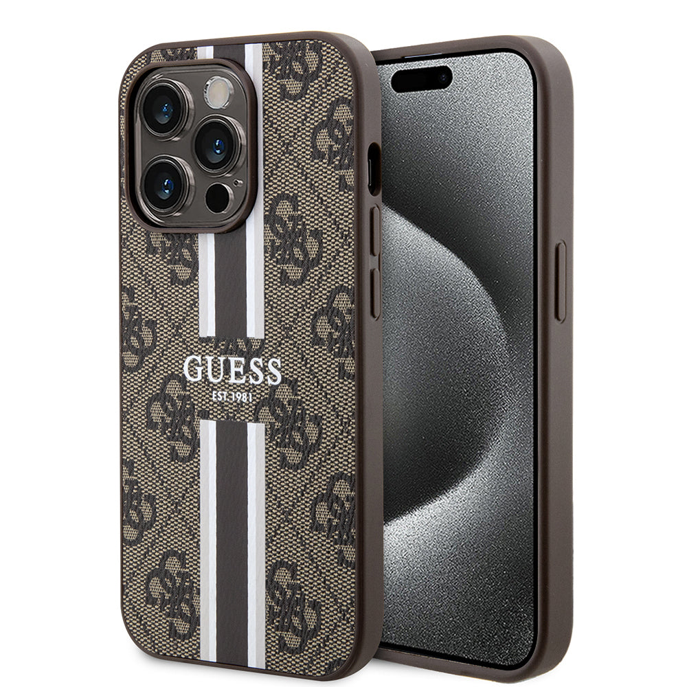 Pouzdro MagSafe pro Apple iPhone 15 Pro, Guess, 4G Printed Stripes, hnědá
