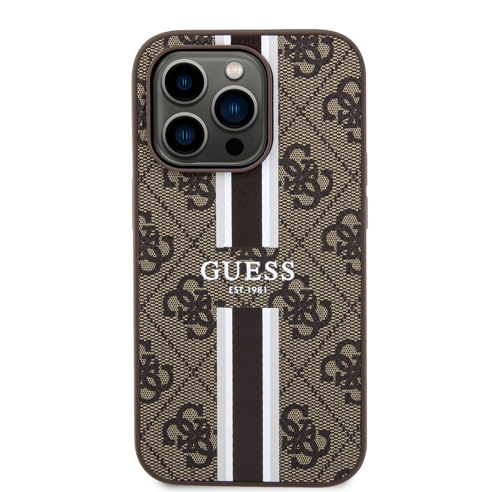 Pouzdro MagSafe pro Apple iPhone 15 Pro, Guess, 4G Printed Stripes, hnědá