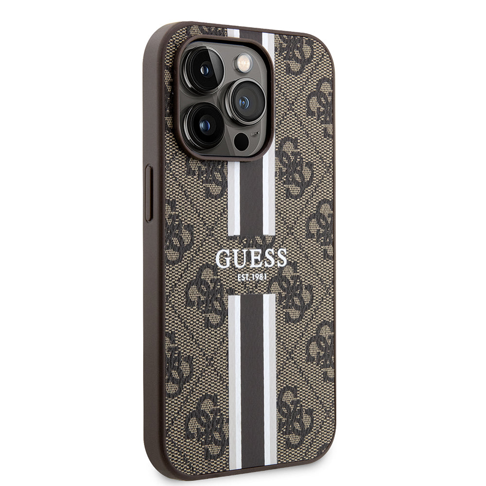 Pouzdro MagSafe pro Apple iPhone 15 Pro, Guess, 4G Printed Stripes, hnědá