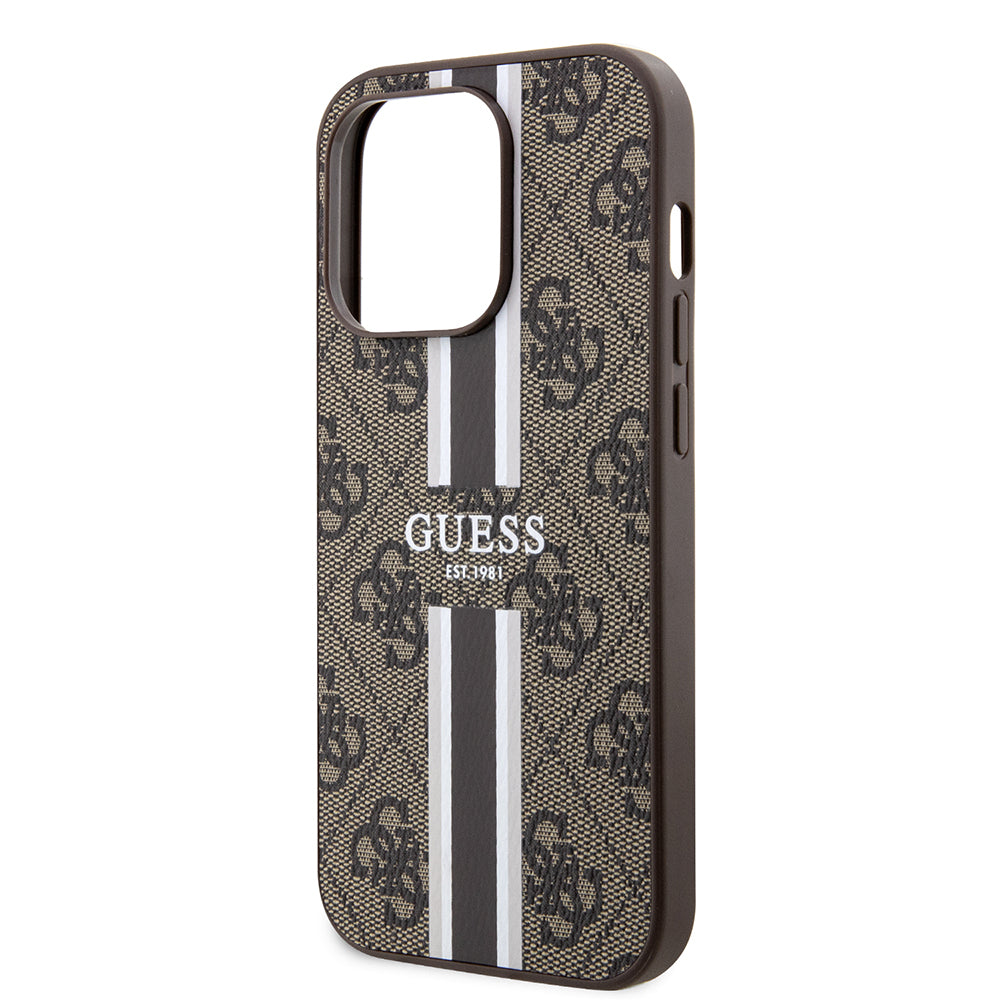 Pouzdro MagSafe pro Apple iPhone 15 Pro, Guess, 4G Printed Stripes, hnědá