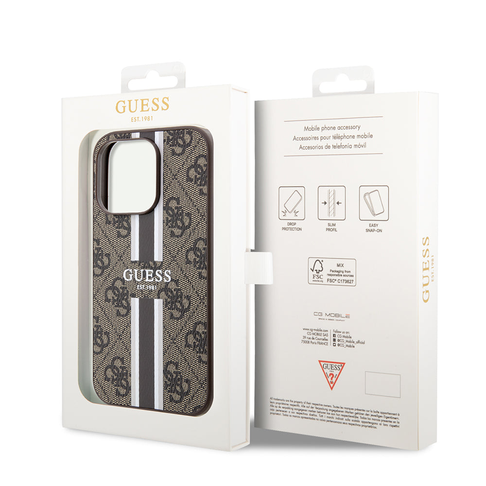 Pouzdro MagSafe pro Apple iPhone 15 Pro, Guess, 4G Printed Stripes, hnědá