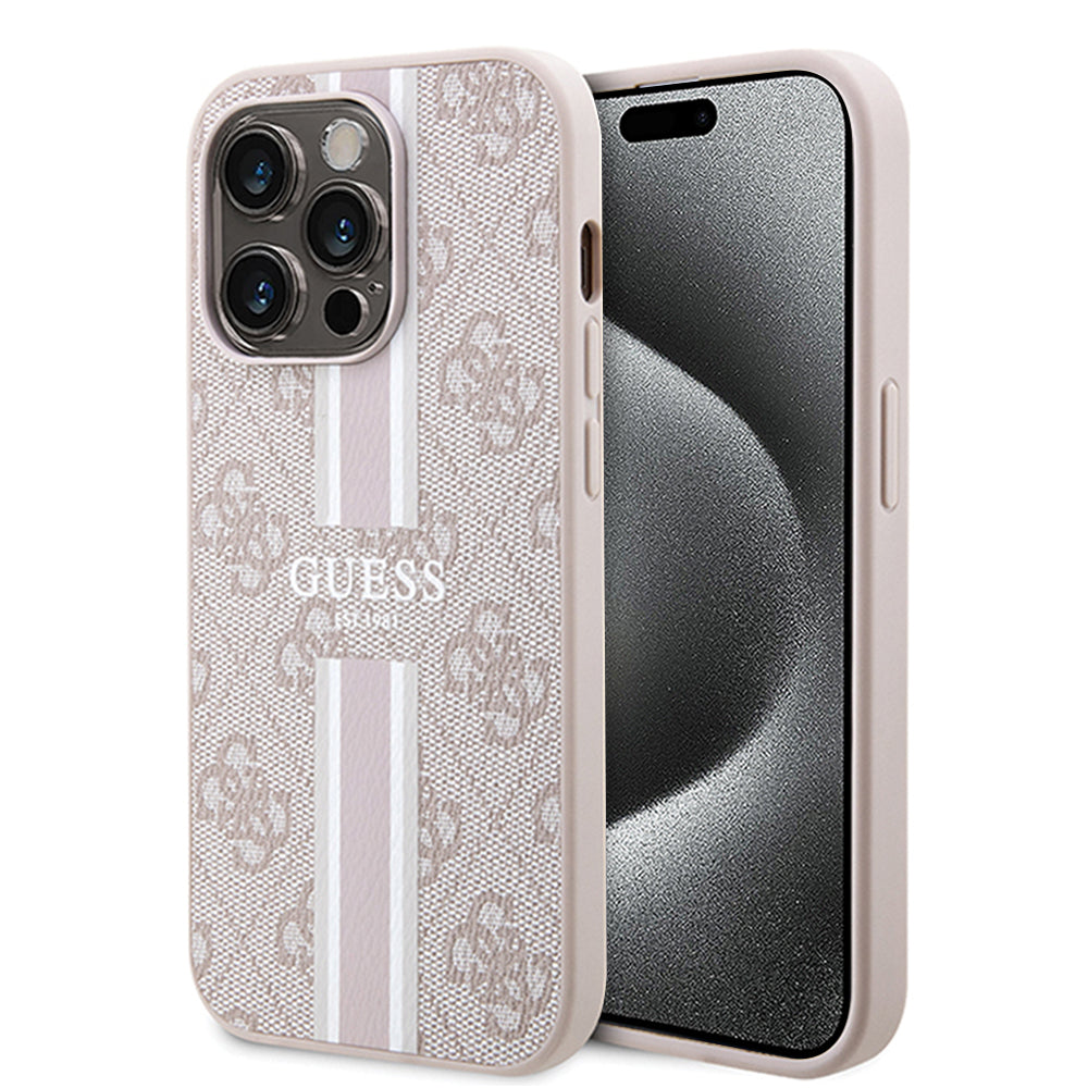 Pouzdro MagSafe pro Apple iPhone 15 Pro, Guess, 4G Printed Stripes, Růžové