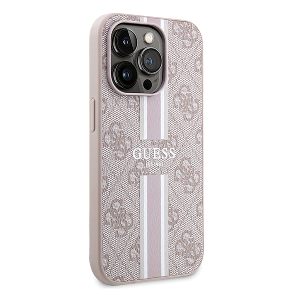 Pouzdro MagSafe pro Apple iPhone 15 Pro, Guess, 4G Printed Stripes, Růžové