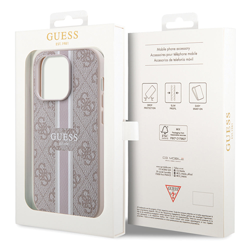 Pouzdro MagSafe pro Apple iPhone 15 Pro, Guess, 4G Printed Stripes, Růžové
