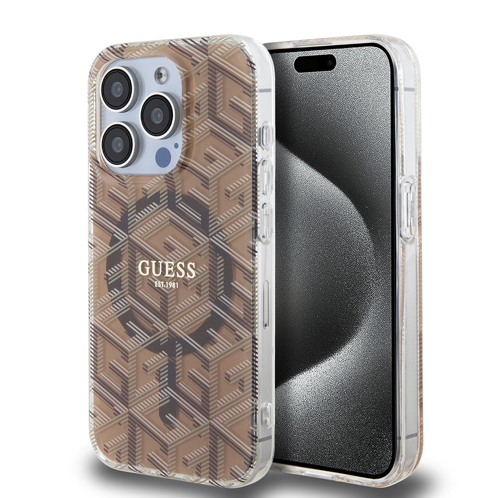 Pouzdro MagSafe pro Apple iPhone 15 Pro, Guess, IML Gcube, Hnědá