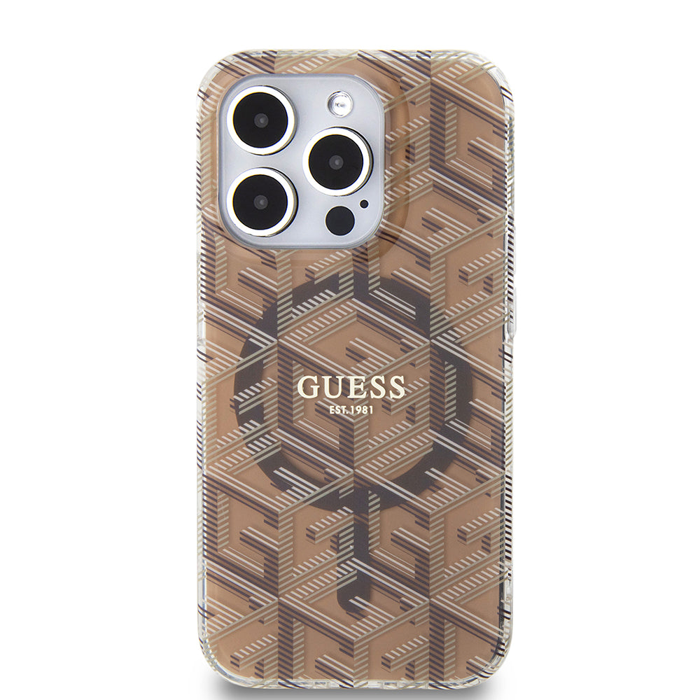Pouzdro MagSafe pro Apple iPhone 15 Pro, Guess, IML Gcube, Hnědá