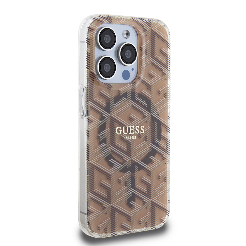 Pouzdro MagSafe pro Apple iPhone 15 Pro, Guess, IML Gcube, Hnědá