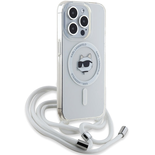 Pouzdro MagSafe pro Apple iPhone 15 Pro, Karl Lagerfeld, IML Crossbody Choupette's Head with Strap, Průhledné