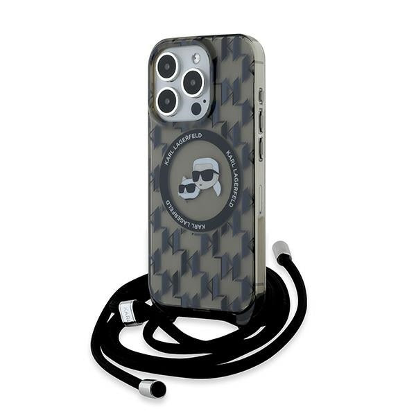 Pouzdro MagSafe pro Apple iPhone 15 Pro, Karl Lagerfeld, IML Crossbody Monogram Karl & Choupette's Heads, Černá