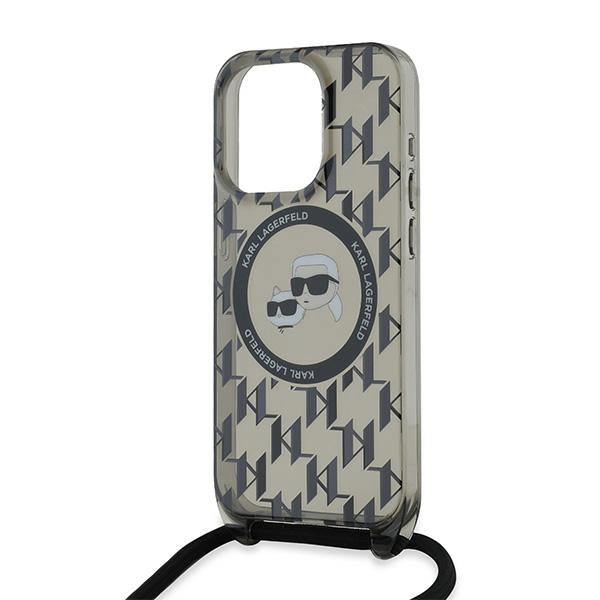 Pouzdro MagSafe pro Apple iPhone 15 Pro, Karl Lagerfeld, IML Crossbody Monogram Karl & Choupette's Heads, Černá