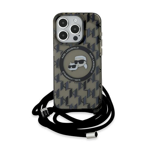 Pouzdro MagSafe pro Apple iPhone 15 Pro, Karl Lagerfeld, IML Crossbody Monogram Karl & Choupette's Heads, Černá