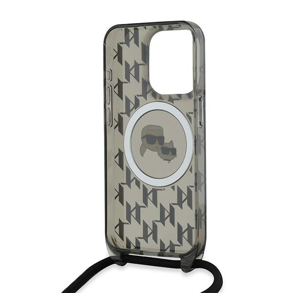Pouzdro MagSafe pro Apple iPhone 15 Pro, Karl Lagerfeld, IML Crossbody Monogram Karl & Choupette's Heads, Černá