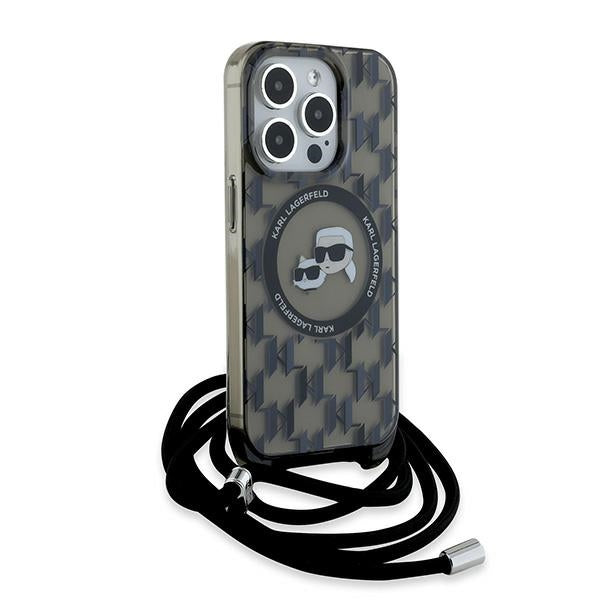 Pouzdro MagSafe pro Apple iPhone 15 Pro, Karl Lagerfeld, IML Crossbody Monogram Karl & Choupette's Heads, Černá